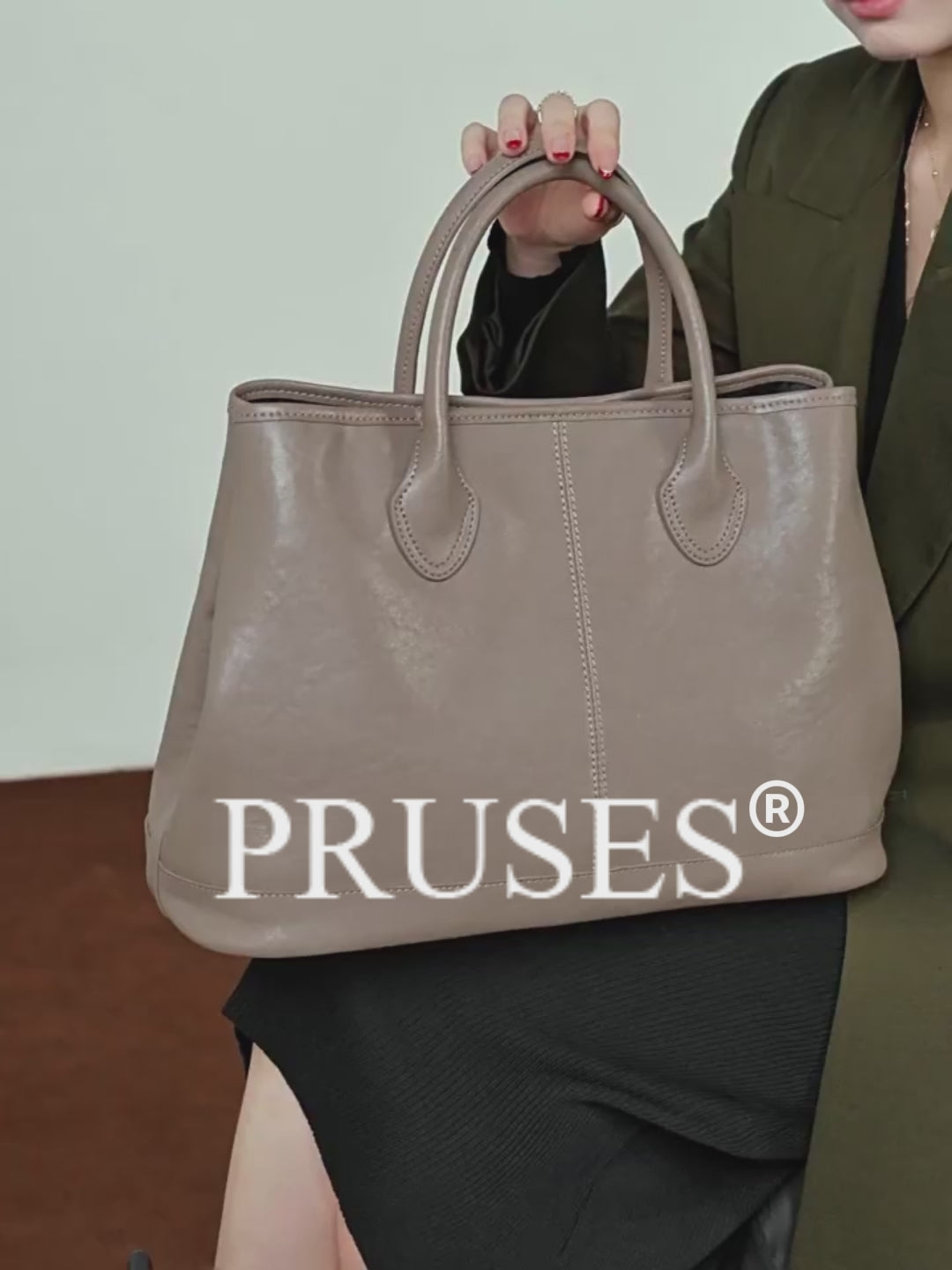 Women's Gray Premium Leather Structured Work Tote Bag Video