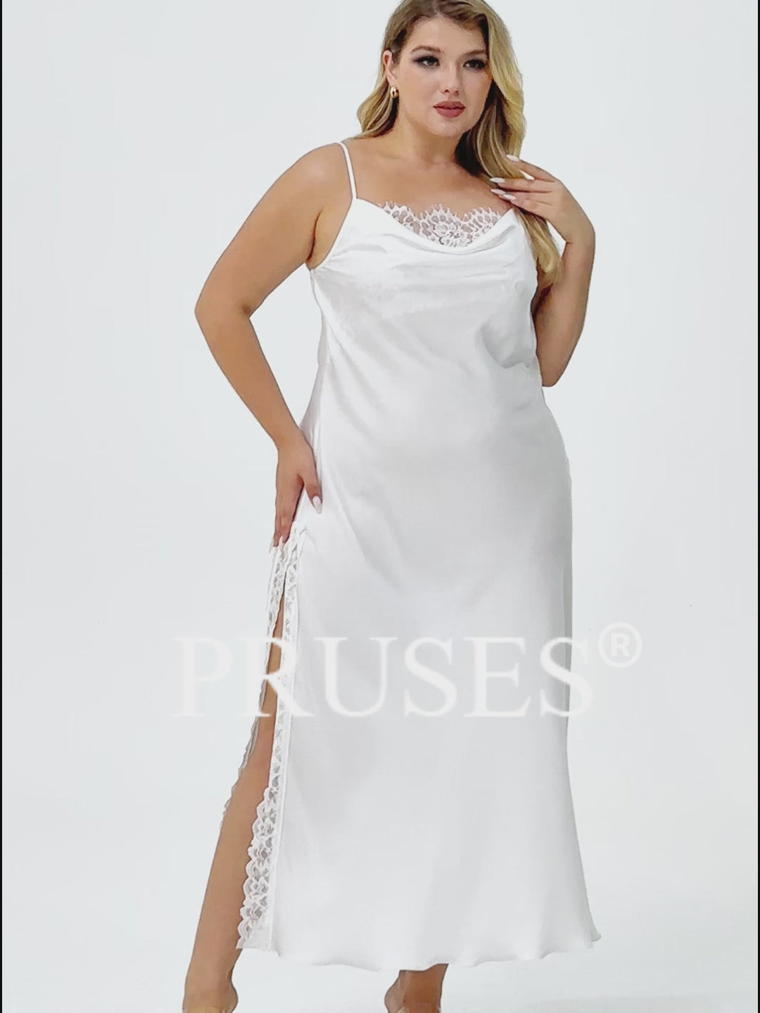 Plus Size White Lace Trim High Slit Maxi Slip Nightgown Video