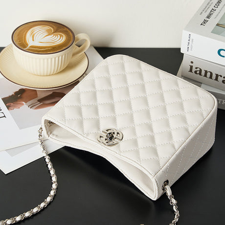white Genuine Leather Quilted  Chain Bag 