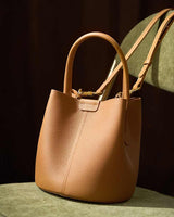 Brown Leather Bucket Bag with Top Handle