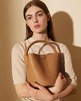 Brown Genuine Leather Bucket Handbag