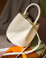 Women's Off-White Genuine Leather Bucket Bag with Top Handle