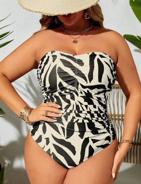 Women Plus Size Allover Print Ruched Bandeau Swimsuit - PRUSES