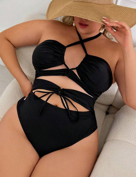 Women Plus Size Black Halter Tie One - Piece Swimsuit - PRUSES