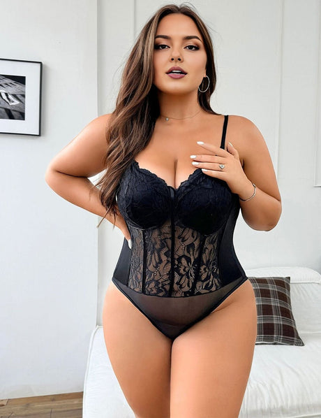 Women Plus Size Black Lace Bodysuit - PRUSES