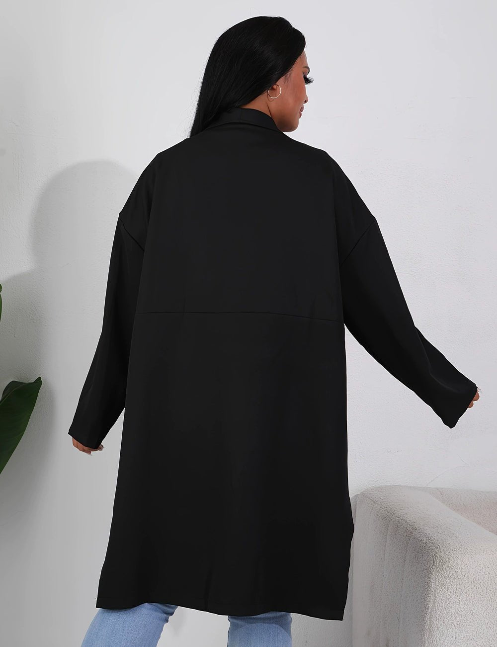 Women Plus Size Black Loose Blazer Split Long Sleeve Coat - PRUSES