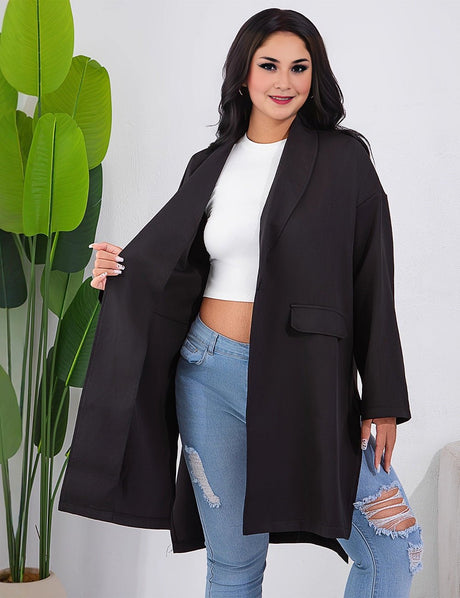 Women Plus Size Black Loose Blazer Split Long Sleeve Coat - PRUSES