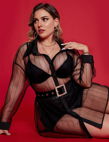 Women Plus Size Black Mesh Long Store Sleeve Top | PRUSES - PRUSES