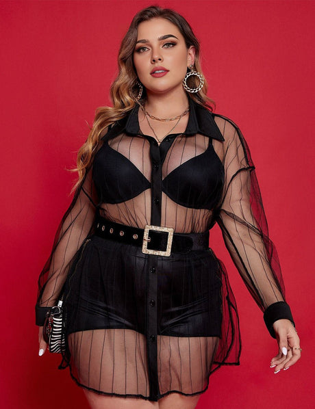 Women Plus Size Black Mesh Long Store Sleeve Top | PRUSES - PRUSES