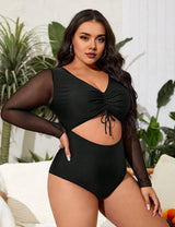 Women Plus Size Black Mesh Sleeve Cut Out One - Piece Swimsuit - PRUSES