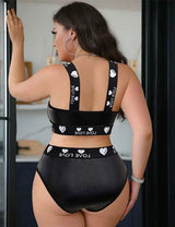 Women Plus Size Black PU Leather High Waist Bra Set - PRUSES
