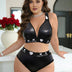 Women Plus Size Black PU Leather High Waist Bra Set - PRUSES