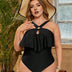 Women Plus Size Black Tiered Ruffles Crisscross One Piece Swimsuit - PRUSES