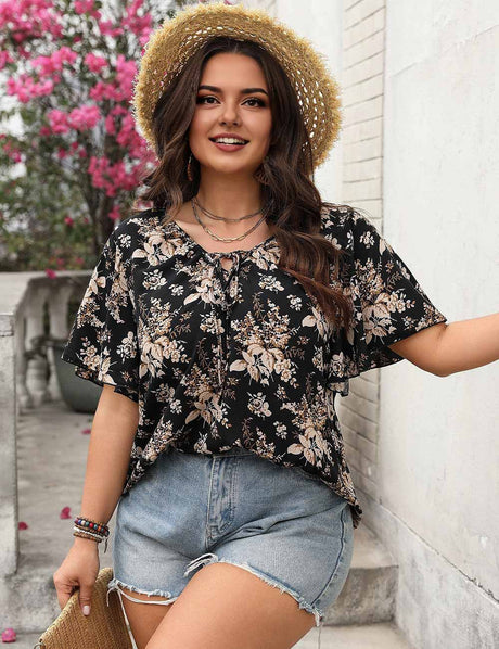 Black Plus Size Boho Floral Tie Front Blouse