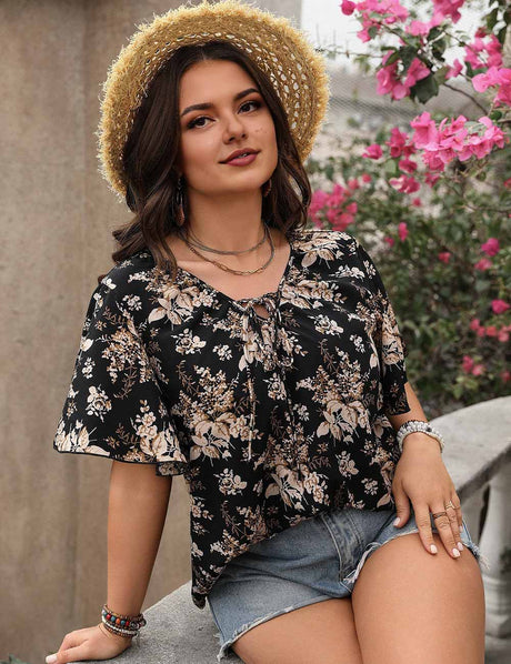 Black Plus Size Summer Boho Floral Tie Front Blouse 
