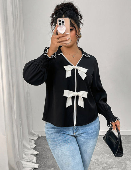 Women Plus Size Bow Decor Ruffle Hem Long Sleeve Shirt - PRUSES