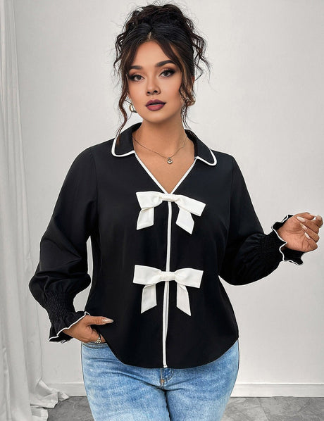Women Plus Size Bow Decor Ruffle Hem Long Sleeve Shirt - PRUSES