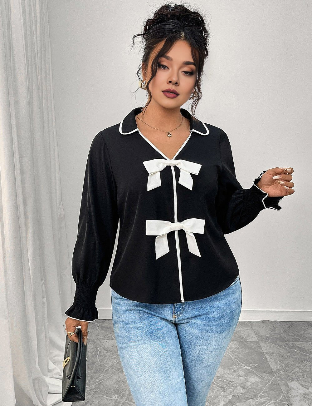 Women Plus Size Bow Decor Ruffle Hem Long Sleeve Shirt - PRUSES