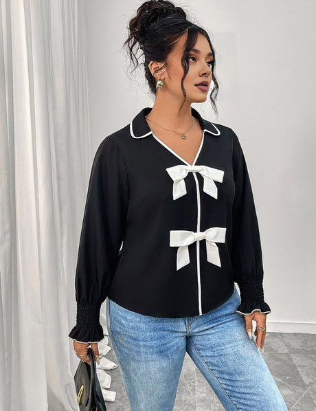 Women Plus Size Bow Decor Ruffle Hem Long Sleeve Shirt - PRUSES