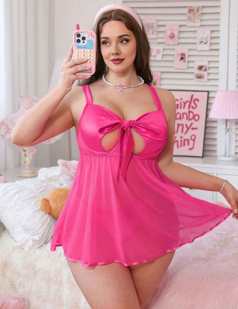 Rose Red Plus Size Bow Knot Front Mesh Babydoll Nightdress