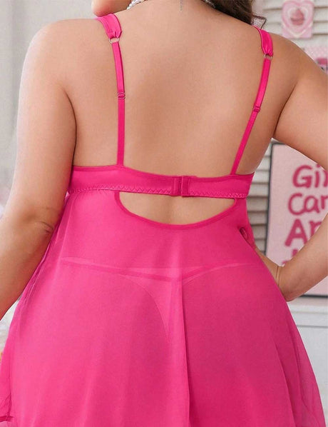 Rose Red Plus Size Bow Knot Front Mesh Babydoll Back View