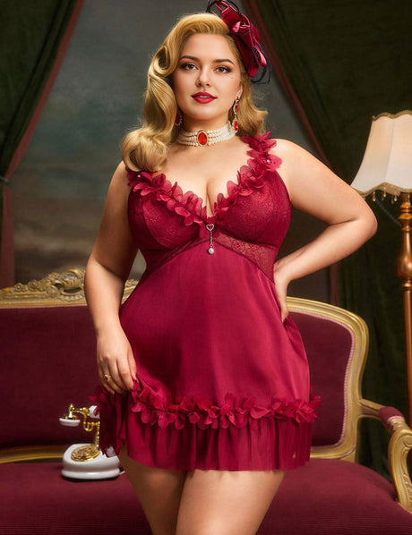 Women's Plus Size Burgundy Ruffle Trim Lace Babydoll