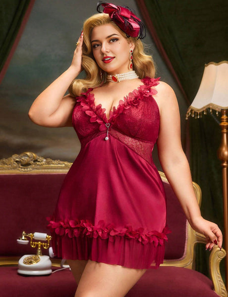 Women Plus Size Burgundy Ruffle Trim Lace Babydoll