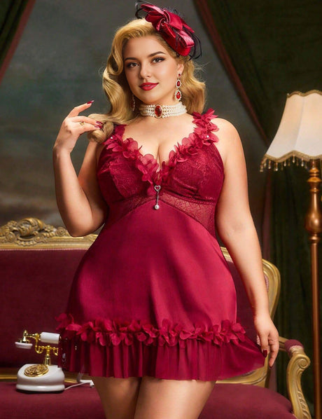 Burgundy Women Plus Size Ruffle Trim Lace Babydoll