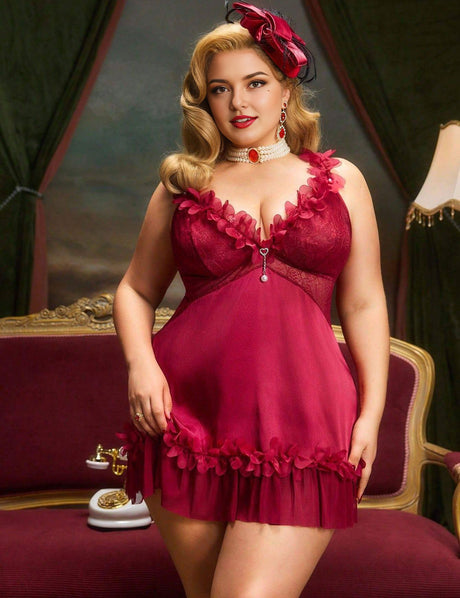 Plus Size Burgundy Ruffle Trim Lace Babydoll For Women