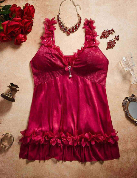 Plus Size Ruffle Trim Lace Babydoll  Burgundy