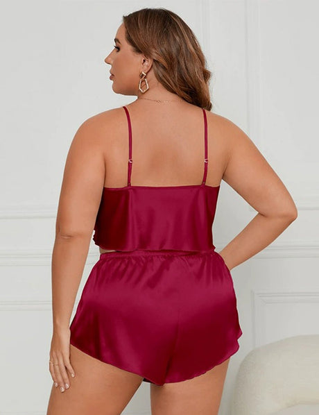 Women Plus Size Burgundy Satin Camisole Pajama Set Back View