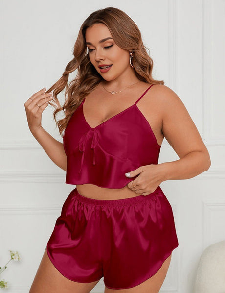 Women Plus Size Burgundy Satin Camisole Pajamas