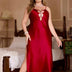 Women Plus Size Burgundy Silky Satin Hollow-Out Side Slit Nightgown