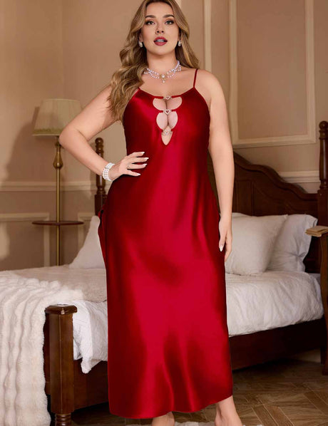 Women Plus Size Burgundy  Satin Hollow-Out Nightgown