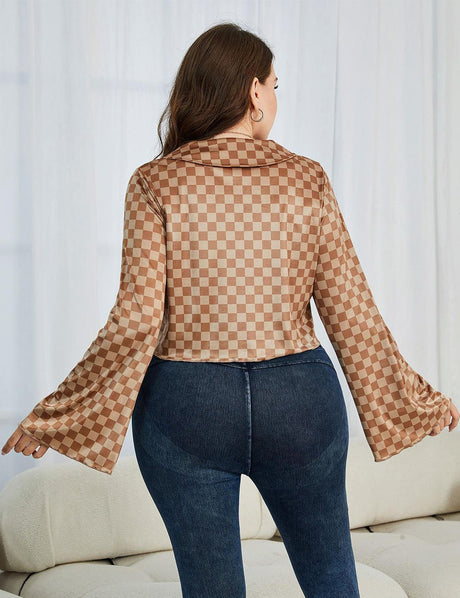 Women Plus Size Checkered Johnny Collar Flare Sleeve Shirt | PRUSES - PRUSES