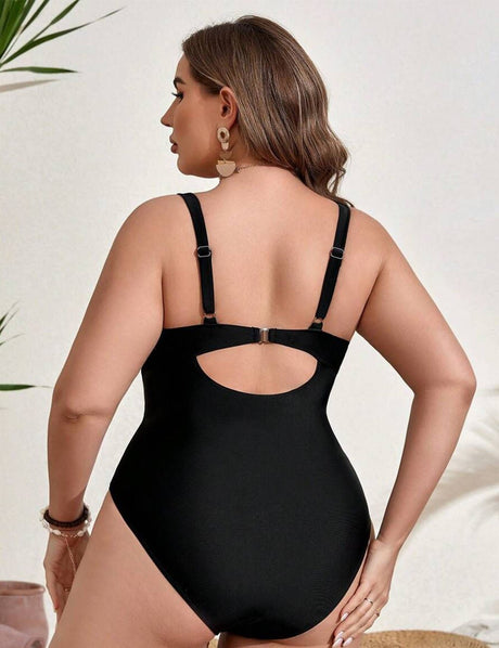 Women Plus Size Color Block Hollow Out One Piece Swimsuit - PRUSES