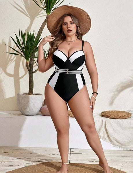 Women Plus Size Color Block Hollow Out One Piece Swimsuit - PRUSES