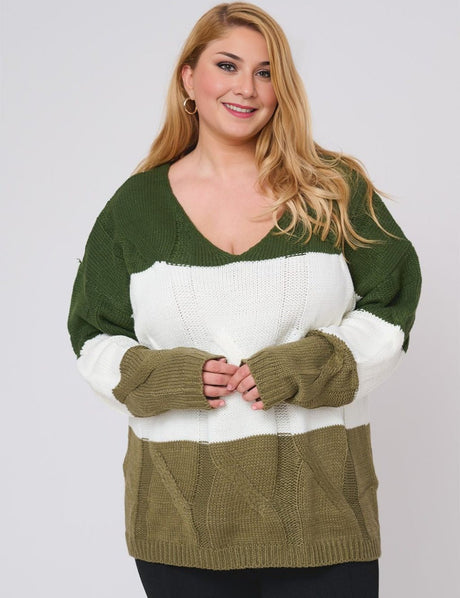 Women Plus Size Color Block Long Sleeve Sweater - PRUSES
