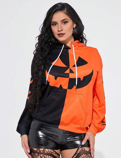 Women Plus Size Contrast Color Long Sleeve Halloween Hoodie - PRUSES