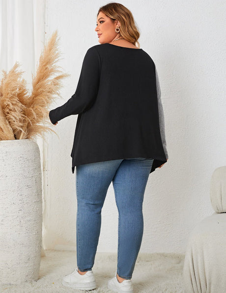 Women Plus Size Contrast Notched Neck Long Sleeve T-Shirt - PRUSES