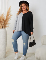Women Plus Size Contrast Notched Neck Long Sleeve T-Shirt - PRUSES
