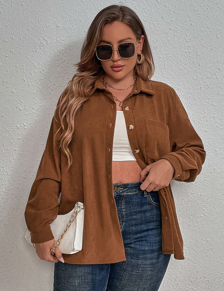 Women Plus Size Corduroy Long - Sleeved Shirt | PRUSES - PRUSES