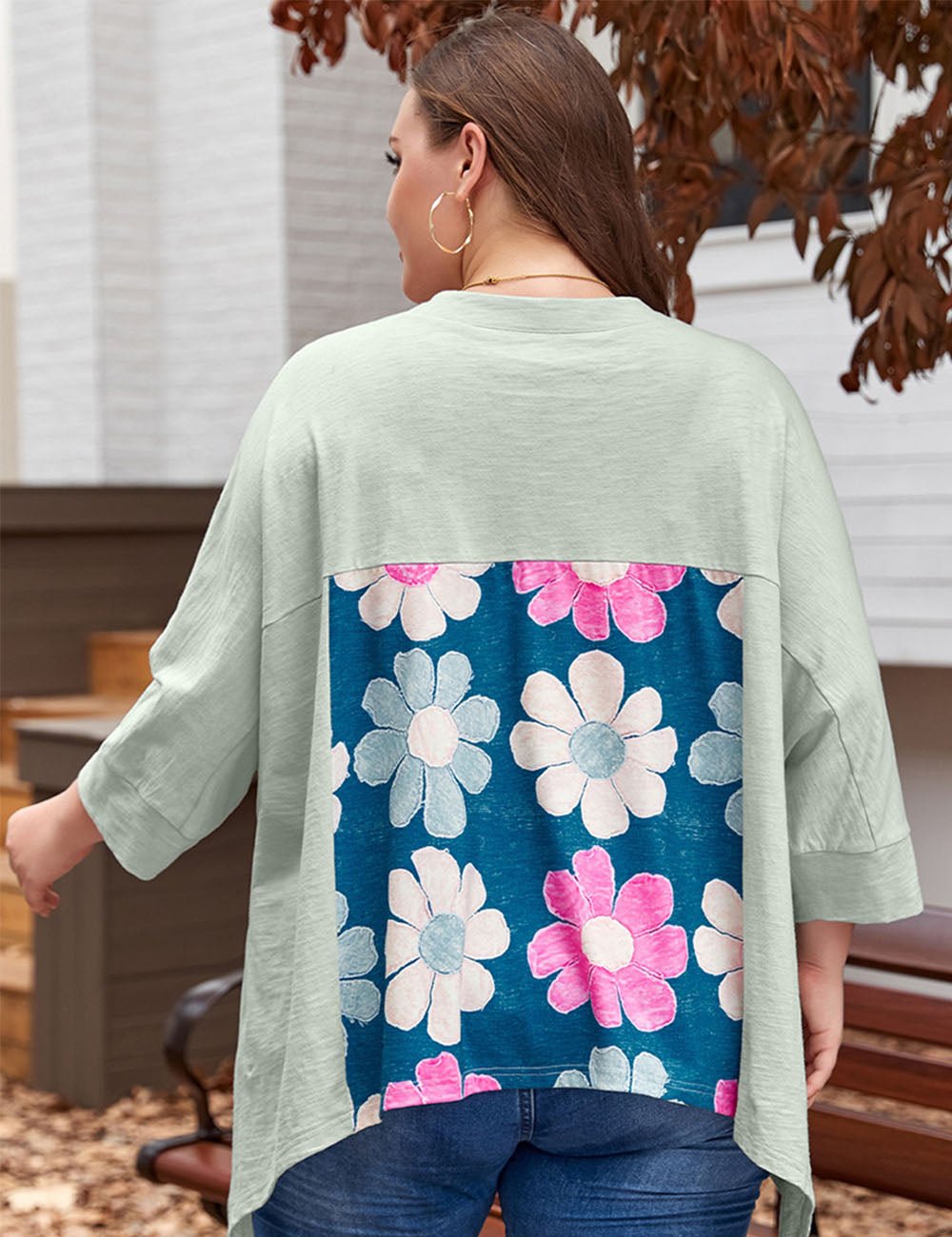 Women Plus Size Cotton Floral Print Patchwork T-Shirt | PRUSES - PRUSES