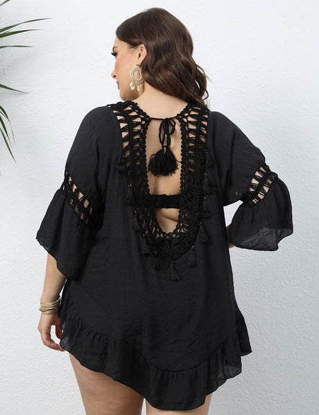 Women Plus Size Crochet Paneled Open Back Cover - up | PRUSES - PRUSES