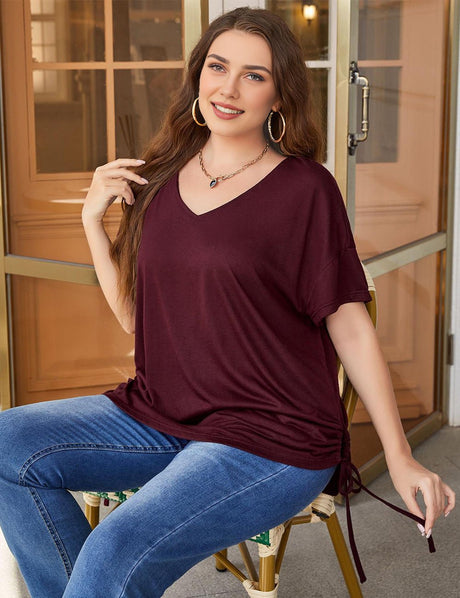 Women Plus Size Drawstring Side Pure Color Short Sleeve T-shirt | PRUSES - PRUSES