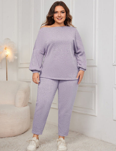 Women Plus Size Drop Shoulder Casual Sweatshirt and Pants Set - PRUSES