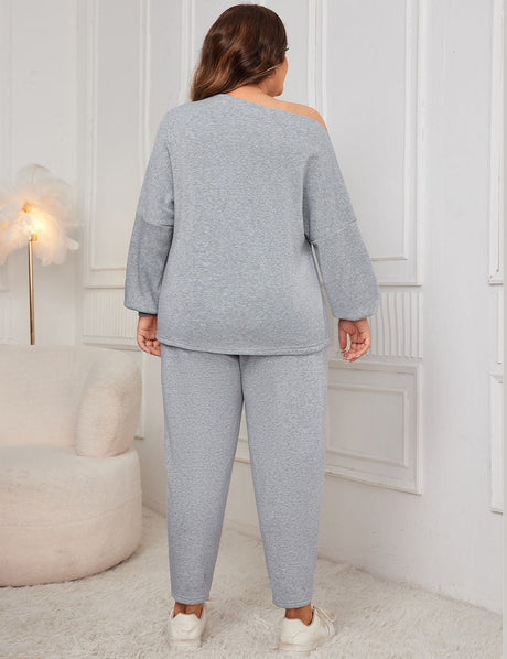 Women Plus Size Drop Shoulder Casual Sweatshirt and Pants Set - PRUSES