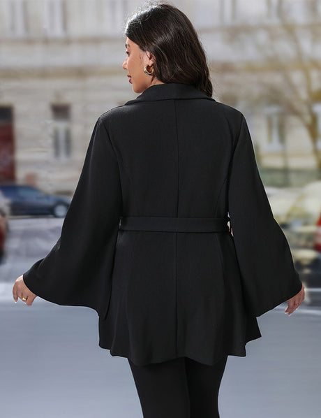 Women Plus Size Elegant Belt Buckle Flare Sleeve Blazer - PRUSES