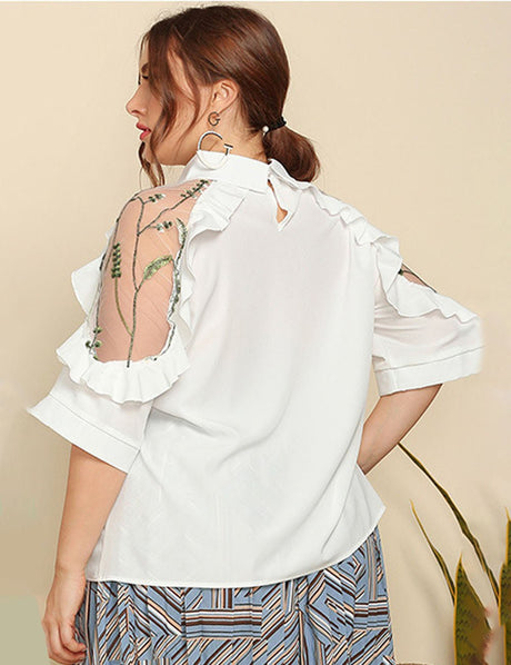 Women Plus Size Embroidered Ruffle Trim Collared Half Sleeve Blouse | PRUSES - PRUSES