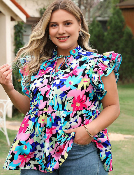 Women Plus Size Floral Flutter Sleeve Tied Blouse | PRUSES - PRUSES